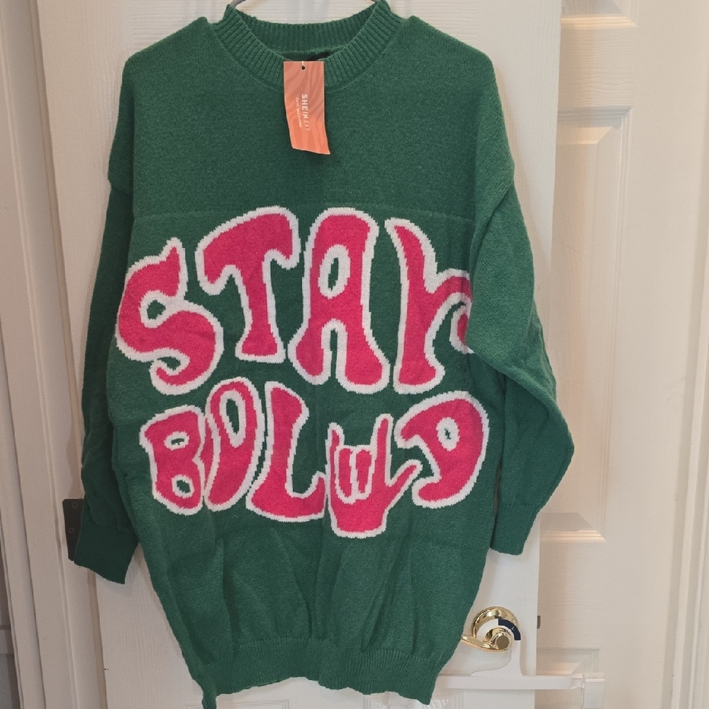 SHEIN Green Sweater with Pink Tag